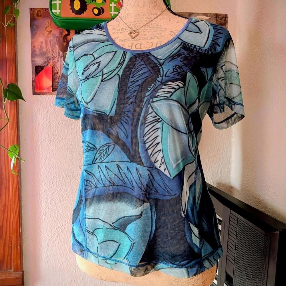 Cyber Y2k Abstract Mesh Euro Semi Sheer Blue Blouse